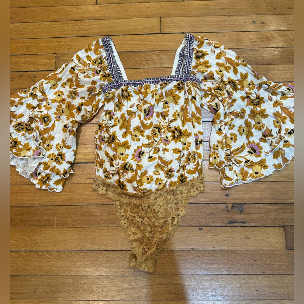 Free People Floral Blouse in Mustard and White